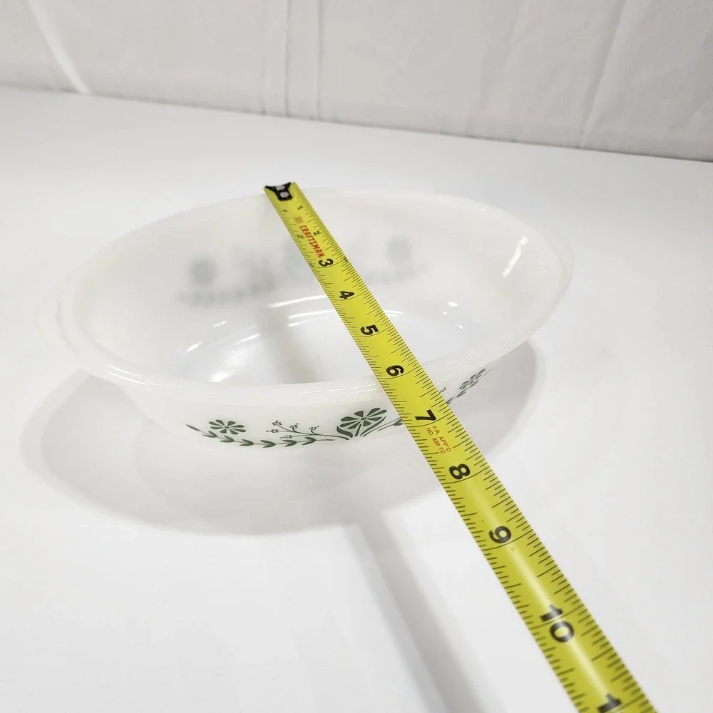 Vintage Glasbake Milk Glass Oval Casserole Dish Green Daisy Floral J-535 USA